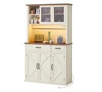 VASAGLE Armario de Cocina con Luz y Multienchufe, 3 Puertas y 2 Cajones | Alacena de Cocina con Estantes Ajustables, Estilo Granja, Blanco Rústico y Marrón Miel, Colección LIRY BBK391W02