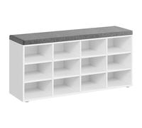 VASAGLE Banco Zapatero, Zapatero con Asiento, con Cojín y 12 Compartimientos, Estantes Ajustables, para Entrada, Sala de Estar, 30,3 x 104 x 48 cm, Blanco Clásico/Marrón Rústico/Marrón Camello/Beige