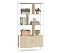 VASAGLE Biblioteca, Librería de 4 Niveles, Estantería con Puertas, Armario de Libros, Marco de Acero, para Salón, Estudio, Oficina, Cocina, Moderno, Beige Natural y Blanco Nube LBC022LL01