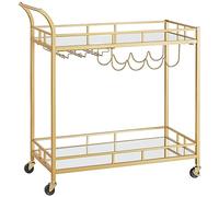VASAGLE Carro de Bebidas, Carrito de Bar, Carro de Servir con 2 Estantes de Espejo, Portavinos, Portavasos, para Bar de Casa, Cocina, Comedor, Dorado LRC090A03