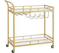 VASAGLE, carro de servicio, carro con ruedas, soporte para vasos, 2 estantes para vasos, carro para bar, carro para vino, ideal para cocina, comedor o bar, color dorado