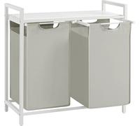 VASAGLE, cesta de ropa con 2 compartimentos, cesta de ropa con estante, caja para ropa, tejido Oxford, estructura de metal desmontable, 2 x 46 litros, 73 x 33 x 72 cm, blanco