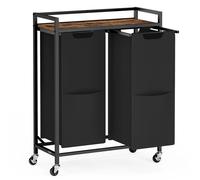 VASAGLE Cesto de Ropa, 110 L, Carrito Organizador con 2 Compartimentos, Ruedas, Bolsas Extraíbles, Bolsillos, Negro Tinta y Marrón Rústico