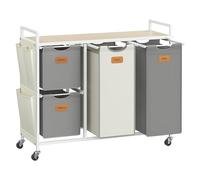 VASAGLE Cesto para Ropa Sucia, 4 Compartimentos, Cesta Ropa Sucia 150 L, con Estante Ruedas, Bolsa Colada, con Bolsillos Extraíbles, 6 Etiquetas, Beige Natural, Gris Paloma y Blanco Crema BLH203G01