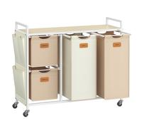 VASAGLE Cesto para Ropa Sucia, 4 Compartimentos, Cesta Ropa Sucia 150 L, con Estante Ruedas, Bolsa Colada, con Bolsillos Extraíbles, 6 Etiquetas, Beige Natural, Marrón Camello y Blanco Crema