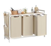 VASAGLE, cesta de ropa con espacio de almacenamiento, 120 litros, estructura de metal, 87,7 x 33 x 72 cm – color beige cappuccino + beige natural, tamaño 120 litros (3 compartimentos)