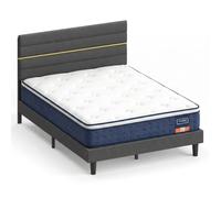 VASAGLE Colchón de Muelles Ensacados y Cama Tapizada, 135 x 190 cm | Conjunto, con Cabecero Ajustable, Espuma de Memoria, Gris Oscuro y Azul RMZ226QZ02-01