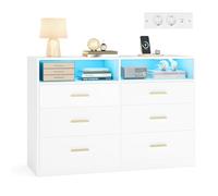 VASAGLE Cómoda para Dormitorio, con LED y Regleta de Enchufes, 6 Cajones | Mueble Moderno para TV de Salón, 40 x 119 x 81,2 cm, Blanco Nube, Colección CUSTOS LTS316WB01