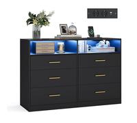 VASAGLE Cómoda para Dormitorio, con LED y Regleta de Enchufes, 6 Cajones | Mueble Moderno para TV de Salón, 40 x 119 x 81,2 cm, Negro Tinta, Colección CUSTOS LTS316BC01
