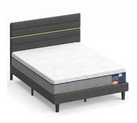VASAGLE Conjunto de Colchón de Espuma y Cama Tapizada, 135 x 190 cm | Conjunto, con Cabecero Ajustable, Espuma con Gel, Estructura de Metal, Azul y Gris Oscuro RMZ126QZ01-01