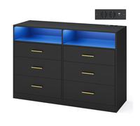 VASAGLE CUSTOS Colección - Cómoda para Dormitorio, con LED y Regleta de Enchufes, Mueble Moderno para TV de Salón, 6 Cajones, 40 x 119 x 81,2 cm, Negro Tinta/Blanco Nube Black