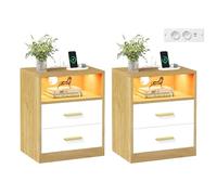VASAGLE Custos Colección - Juego de 2, Mesita de Noche con Estación de Carga, Luz LED, Mesa Auxiliar con Cajones, Estante Abierto, 2 Tomas CA y Puertos USB, Roble Natural y Blanco Nube LET829YD02