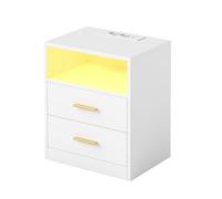 VASAGLE CUSTOS Colección - Mesita de Noche con Estación de Carga, Luz LED, Mesa Auxiliar con Cajones, Estante Abierto, 2 Tomas CA y Puertos USB, Blanco Nube