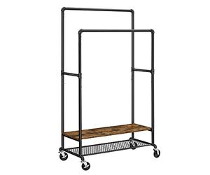 VASAGLE Doble riel para ropa, perchero con rieles colgantes dobles, estantes y ruedas, diseño de tubo industrial, marrón rústico y negro RGR120B01