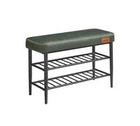 VASAGLE EKHO Colección - Banco Zapatero, Banco de Almacenaje, Zapatero de Entrada, Piel Sintética con Costuras, Moderno de Siglo Mediados, Carga 135 kg, 30 x 80 x 50 cm, Verde Bosque/Marrón Caramelo F