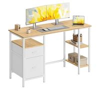 VASAGLE Escritorio, con 3 Estantes, 2 Cajones, 127 x 50 x 76 cm | Mesa de Ordenador, Mesa de Oficina, Estilo Moderno, Roble Natural y Blanco Mate, Colección BARNET LWD103YD01