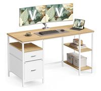 VASAGLE Escritorio, con 3 Estantes, 2 Cajones, 140 x 60 x 76 cm | Mesa de Ordenador, Mesa de Oficina, Estilo Moderno, Roble Natural y blanco mate, Colección BARNET LWD104Y01