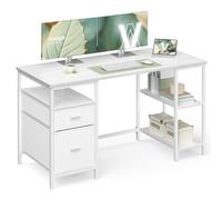 VASAGLE Escritorio, con 3 Estantes, 2 Cajones, 140 x 60 x 76 cm | Mesa de Ordenador, Mesa de Oficina, Estilo Moderno, Blanco Arce y blanco mate, Colección BARNET LWD104WF01