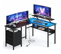 VASAGLE Escritorio en Forma de L con Tomas de Corriente, 2 Cajones | Esquinero para Juegos, Soporte de Monitor, Luces LED, Oficina en Casa, Negro Ébano y Negro Mate, Colección BARNET LWD095B01