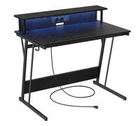 VASAGLE Escritorio para Juegos con Luces LED y Tomas de Corriente Incorporadas, Escritorio con Estante para 2 Monitores, Mesa para Oficina Dormitorio, 60 x 100 x 76 cm/60 x 120 x 76 cm, Negro Clásico