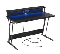 VASAGLE Escritorio para Juegos con Luces LED y Tomas de Corriente Incorporadas, Escritorio con Estante para 2 Monitores, Mesa para Oficina Dormitorio, 60 x 100 x 76 cm/60 x 120 x 76 cm, Negro Clásico