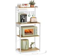 VASAGLE, estante de cocina con enchufes, estante para microondas, 4 niveles, 8 ganchos – dimensiones: 60 cm de ancho, color roble dorado y blanco mate