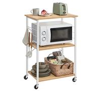 VASAGLE, estante de cocina con ruedas, carro de servicio, 3 niveles, carro de cocina, para horno pequeño, microondas, estructura de metal, 6 ganchos, 40 x 60 x 89 cm, color roble dorado y blanco. Mode