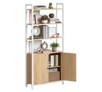 VASAGLE Estantería, 6 niveles, estante, estantería independiente con puertas, estructura de metal, estantes ajustables, 24 x 60 x 159,5 cm, para sala de estar, dormitorio, color roble dorado mate-blan