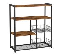 VASAGLE Estantería de Cocina con 2 Cestas de Malla Metálica, Estantería para Microondas, con Estantes y Ganchos, 35 x 80 x 95 cm, Estilo Industrial, Marrón Rústico y Negro Tinta/Gris Carbón y Negro Ma