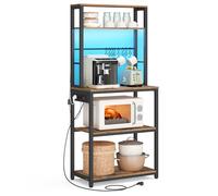 VASAGLE Estantería de Cocina con iluminación LED, estantería de pie con enchufes, Estante para microondas con estantes Ajustables, 8 Ganchos, 40 x 60 x 168,4 cm, Color marrón y Negro Mate Vintage