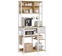 VASAGLE Estantería de Cocina con Multienchufe, Armario de Cocina, 40 x 80 x 180,4 cm, Estante de Microondas, Cajón de Tela, 12 Ganchos, Roble Dorado y Blanco Nube KKS015Y02