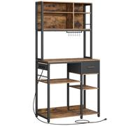 VASAGLE Estantería de Cocina con Multienchufe, Armario de Cocina con Estantes Ajustables, Cajón de Tela, 12 Ganchos, 40 x 80 x 180,4 cm, Estante de Microondas, Marrón Rústico y Negro Tinta/Roble