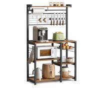 VASAGLE Estantería de Cocina, Soporte para Panadería, Isla de Cocina con Tira Magnética de Cuchillo, Cesta de Alambre, Soporte de Papel, 12 Ganchos, Marrón Rústico y Negro KKS026B01