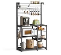 VASAGLE Estantería de Cocina, Soporte para Panadería, Isla de Cocina con Tira Magnética de Cuchillo, Cesta de Alambre, Soporte de Papel, 12 Ganchos, Gris Cárbon y Negro KKS026B42