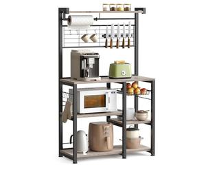 VASAGLE Estantería de Cocina, Soporte para Panadería, Isla de Cocina con Tira Magnética de Cuchillo, Cesta de Alambre, 12 Ganchos, Greige y Negro KKS026B02