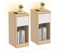 VASAGLE Juego de 2, Mesita de Noche Estrecha, Mesa Auxiliar, con Iluminación LED, 1 Puerto USB-A, 1 Puerto USB-C, Cajón y Compartimento, Dormitorio, Salón, Amarillo Almendra y Blanco Nube LET710Y01