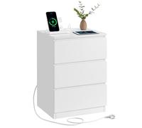 VASAGLE Mesita de noche KAILYN – 3 cajones, estación de carga, 2 tomas AC, 2 USB, Blanco Nube