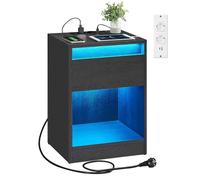 VASAGLE Kailyn Colección - Mesita de Noche con Estación de Carga, Mesa Auxiliar con Luces LED Ajustables, con Cajón, 2 Tomas AC, 2 Puertos USB, para Dormitorio, Salón, Negro Ceniza LET618T22V1