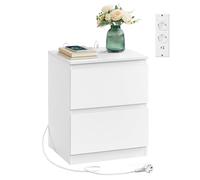 VASAGLE KAILYN Colección - Mesita de Noche con Regleta de Enchufes, Mesa Auxiliar, 2 Cajones, 2 Tomas AC, 2 Puertos USB-A, Salón, Dormitorio, Blanco Nube LET621W02