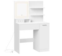 VASAGLE Kailyn Colección - Tocador con Espejo LED, con Regleta de Enchufes, Gabinete con 2 Estantes Ajustables, 1 Cajón, 2 Estantes Abiertos, Estilo Moderno, Blanco, Regalo de Navidad