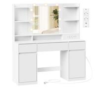 VASAGLE KAILYN Colección - Tocador con Espejo LED, Regleta, 2 Armarios, 9 bombillas regulables, Iluminación de 3 Colores, Montaje sin Herramientas, Blanco Nube