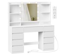 VASAGLE KAILYN Colección - Tocador con Espejo LED, Regleta, 9 Cajones, 9 bombillas regulables, Iluminación de 3 Colores, Montaje sin Herramientas, Blanco Nube
