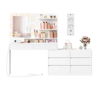 VASAGLE KAILYN Colección - Tocador con Espejo LED y Regleta, 9 Bombillas, 8 Cajones, 3 Estantes, Iluminación de 3 Colores, Modular en Línea o en L, Mesa de Maquillaje, Blanco Nube