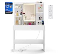 VASAGLE Kailyn Colección - Tocador con Luces LED de 3 Colores con Brillo Ajustable, Regleta, Mesa de Maquillaje con Espejo, Estantes Ajustables, 2 Cajones, Estilo Moderno, Blanco RDT143WB01
