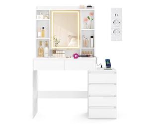 VASAGLE Kailyn Colección - Tocador con Luces LED de Brillo Ajustable, Regleta, Mesa de Maquillaje con Espejo, 40 x 105 x 145 cm, Compartimentos Abiertos, Estantes Ajustable, Blanco Nube RDT144WB01