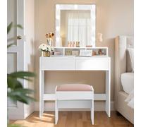 VASAGLE Kailyn Colección - Tocador con Taburete, Luces LED con Brillo Ajustable, Mesa de Maquillaje con Espejo, 2 Cajones y 3 Compartimentos, Moderno, Blanco RDT714W01