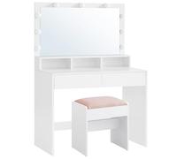 VASAGLE KAILYN Colección - Tocador con Taburete, Mesa de Maquillaje con Espejo y Luces LED con Brillo Ajustable, 2 Cajones y 3 Compartimentos, Moderno, Blanco Nube RDT720W01