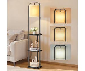 VASAGLE Lámpara de Pie con 3 Estantes, Lámpara de Pie, Lámpara de Salón, Incluye Bombilla LED, con Interruptor de Pie, Pantalla de Tela, para Salón y Dormitorio, Negro Tinta LFL001BD02