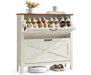 VASAGLE LIRY Colección - Mueble Zapatero, con 2 Cajones Abatibles, Zapatero Estrecho Independiente para Entrada, Estilo Rústico, para 12 a 16 Pares, Blanco Rústico HSC201W01