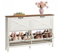 VASAGLE LIRY Colección - Mueble Zapatero, con 4 Cajones Abatibles, Zapatero Estrecho Independiente para Entrada, Estilo Rústico, para 20 a 24 Pares, Blanco Rústico y Marrón Miel HSC401W101
